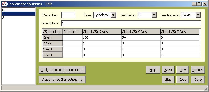 Window for description of used coordinate systems